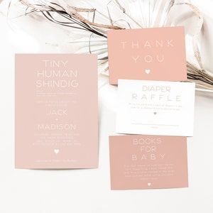 Editable Tiny Human Shindig Invitation Bundle template, Simple Blush Pink Invite, Minimalist, Co-Ed Baby Shower, Modern Baby Shower, CLP149