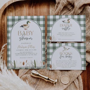 Bearbeitbares Stockenten-Babyparty-Einladungspaket, Stockenten-Enteneinladungsset, Entenjagd-Thema Geschlechtsneutrale Babyparty-Einladung, BBS158