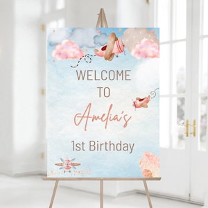 Editable Airplane Girl Birthday Welcome Sign, Girl First Birthday Welcome Poster, How Fast Time Flies theme, Instant Download