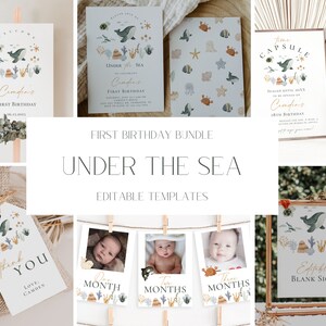 May include: A set of printable first birthday party decorations with an under the sea theme. The set includes a welcome sign, invitation, thank you tag, time capsule sign, and photo cards. The decorations feature a watercolor illustration of a whale, coral, and other sea creatures in shades of blue, green, and brown.