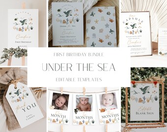 May include: A set of printable first birthday party decorations with an under the sea theme. The set includes a welcome sign, invitation, thank you tag, time capsule sign, and photo cards. The decorations feature a watercolour illustration of a whale, coral, and other sea creatures in shades of blue, green, and brown.
