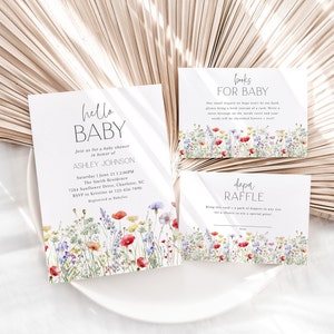Pacote de convites editáveis para chá de bebê com flores silvestres, conjunto de convites para chá de bebê com campo de flores silvestres de verão, convite para chá de bebê com papoulas, BBS75