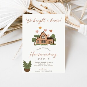 May include: Housewarming party invitation with a cartoon illustration of a house with trees and hearts. The text reads "We bought a house!" and "Please join us for a Housewarming Party". The invitation includes the date, time, address, and RSVP information.
