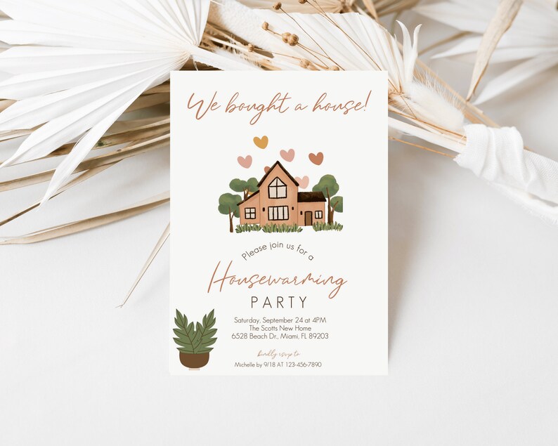 May include: Housewarming party invitation with a cartoon illustration of a house with trees and hearts. The text reads "We bought a house!" and "Please join us for a Housewarming Party". The invitation includes the date, time, address, and RSVP information.