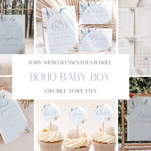 Boho Blue Floral Pampas Baby Shower Invitation + Decor Bundle, Bohemian Boy Baby Shower Invite + Game Set, Slate Blue Baby Shower, CLP95