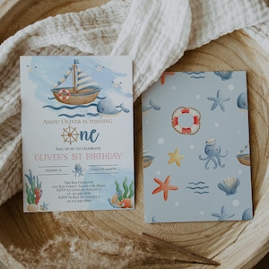 Ahoy Nautical First Birthday Invitation, Ahoy Invitation, 1st Birthday Invitation, Party Invitation, Sail boat, Printable, Digital Download