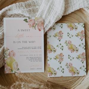 Lemon Baby Shower Invitation, A Sweet Little One Is On The Way Pink Floral Lemon Baby Shower Invite, Yellow Summer Lemonade Shower, CLP74