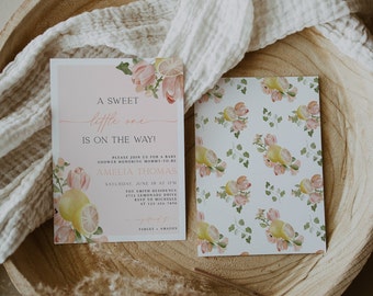 Lemon Baby Shower, Floral Invite - Pink-Yellow Art | 5X7 Digital Template | Corjl Printable CLP74