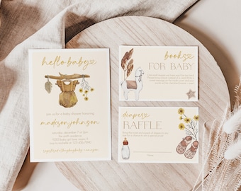 Boho Baby Shower Invitation Set Template, Diaper Raffle, Book (Instant Download)