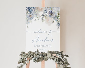 Dusty Blue Watercolor Floral Editable Welcome Sign Template, Floral Baby Shower, Floral Bridal Shower, Garden Party Decoration,  CLP67