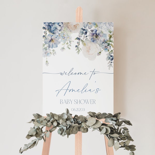 Dusty Blue Watercolor Floral Editable Welcome Sign Template, Floral Baby Shower, Floral Bridal Shower, Garden Party Decoration,  CLP67