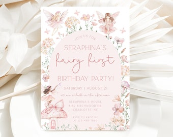 Fairy First Birthday, Pink Floral Corjl Template | Editable Invite | 5X7 Card | Digital Download CLP211