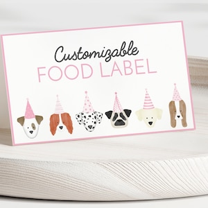 Bewerkbaar hond roze meisje verjaardag voedseletiket, puppyfeest voedseltent, laat pawty decor, dierlijke verjaardag, huisdierfeest, instant download, CLP5