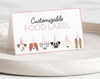 Editable Dog Pink Girl Birthday Food Label, Puppy Party Food Tent, Lets Pawty Decor, Animal Birthday, Pet Party, Instant Download, CLP5