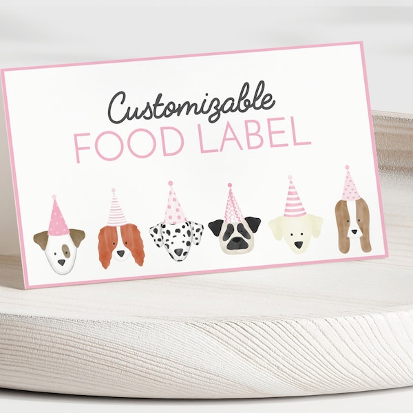 Bewerkbare hond roze meisje verjaardag voedsel label, puppy partij voedsel tent, laat Pawty decor, dierlijke verjaardag, huisdier partij, Instant Download, CLP5