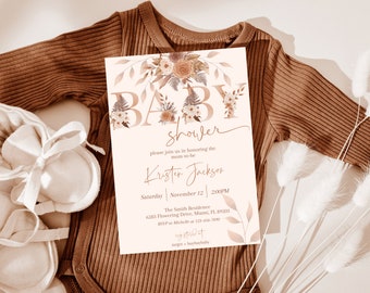 Szablon zaproszenia na baby shower z jesiennymi kwiatami, edytowalny (pobranie cyfrowe)