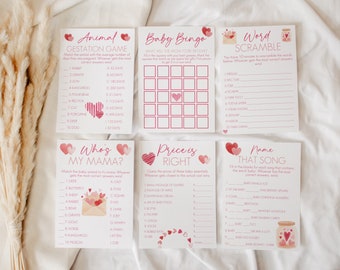 May include: A set of ten pink and white baby shower game cards. The cards feature hearts, envelopes, and jars. The games include Animal Gestation, Baby Bingo, Word Scramble, Who's My Mama?, Price is Right, and Name That Song.