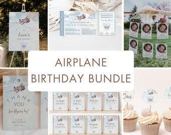 May include: A blue and white airplane themed birthday party printable bundle with a welcome sign, thank you tags, cupcake toppers, and monthly milestone cards. The bundle includes the text "Welcome to Luca's First Birthday" and "Thank You for flying by!"