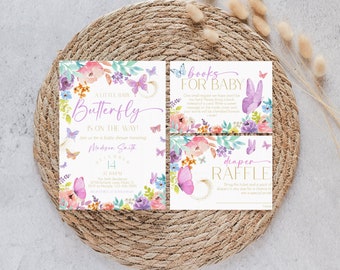 May include: A set of three baby shower cards with a butterfly theme. The cards are decorated with watercolor flowers and butterflies in shades of pink, purple, and green. The text on the cards reads "A Little Baby Butterfly is on the Way!" "Books for Baby" and "Diaper Raffle".