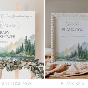 two identical pictures of a baby shower invitation. The left picture is a watercolor painting of a forest landscape, while the right picture is a framed print of the same landscape. Both pictures feature the text "Let the adventure begin! Olivia's BABY SHOWER 12-18-2023" and "WELCOME SIGN BLANK SIGN".