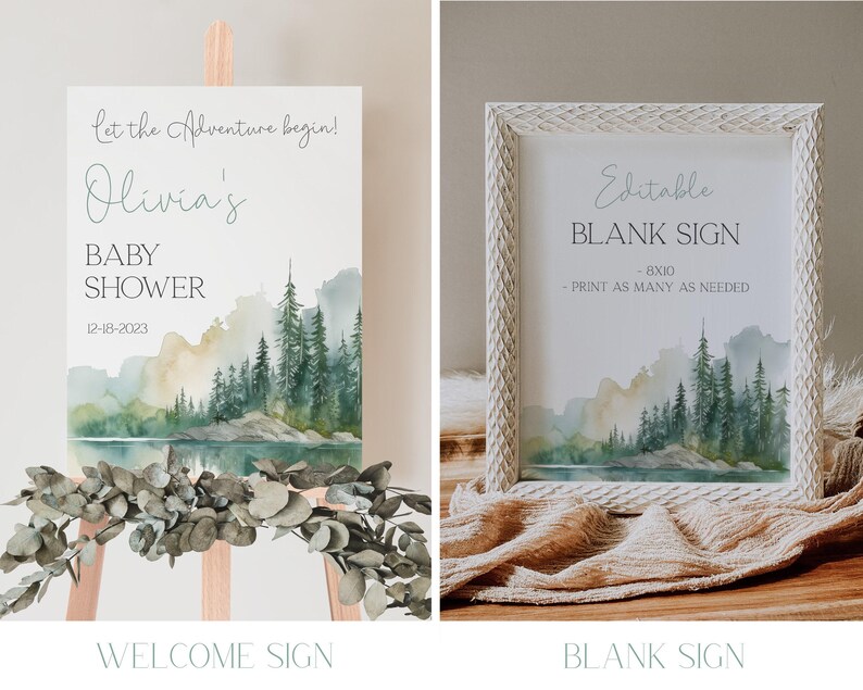 two identical pictures of a baby shower invitation. The left picture is a watercolor painting of a forest landscape, while the right picture is a framed print of the same landscape. Both pictures feature the text "Let the adventure begin! Olivia's BABY SHOWER 12-18-2023" and "WELCOME SIGN BLANK SIGN".