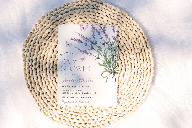 May include: A lavender-themed baby shower invitation with a watercolor illustration of lavender flowers and butterflies. The invitation includes the text "Join us for a Baby Shower honoring Anelia Miller" and details for the event.