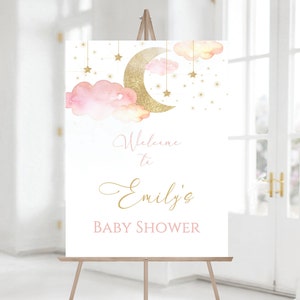 Editable Twinkle Twinkle Little Star Baby Shower Welcome Sign, Pink Girl Baby Shower, Gold Moon Stars Decoration, Instant Download, CLP40