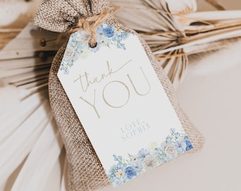 Dusty Blue Floral Editable Favor Tag, Baby Blue and White Flower Party Thank You Tag, Spring Summer Shower, Garden Baby Shower, CLP96