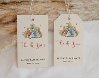 Bewerkbare Peter Rabbit babyshower gunst tag, afdrukbare genderneutraal Little Bunny babyshower bedankkaartje, babyshower Pasen, BBS45