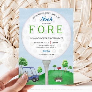 May include: A golf-themed birthday invitation featuring a blue and white golf ball graphic. The text reads "Noah is turning FORE" and "Swing on over to celebrate". The invitation includes details for the party, including the date, time, location, and RSVP information.