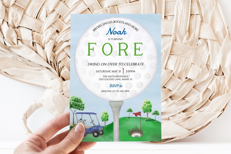 May include: A golf-themed birthday invitation featuring a blue and white golf ball graphic. The text reads "Noah is turning FORE" and "Swing on over to celebrate". The invitation includes details for the party, including the date, time, location, and RSVP information.