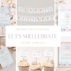 Let's Shellebrate Birthday Invitation + Decoration Bundle, Mermaid Birthday, Seashell Invite, Under the Sea Party, Clam Shell, CLP97