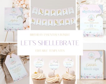 May include: A printable birthday party essentials bundle with a mermaid and seashell theme. The bundle includes a welcome sign, a banner, an invitation, cupcake toppers, favor tags, and a blank sign. The colors are pink, blue, and gold.