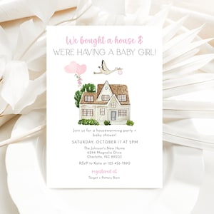 Bearbeitbare Einweihungsparty-Einladungsvorlage, Mädchen-Babyparty-Einladung, Einweihungsparty und Mädchen-Rosa-Babyparty, Babymitteilung