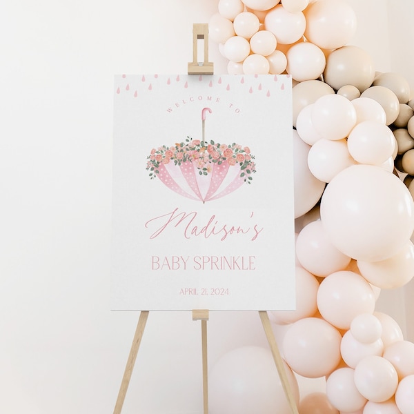 Editable April Showers Baby Shower Welcome Sign, Pink Spring May Flowers Baby Shower Decor, Girl Floral Baby Shower Sprinkle, BBS35