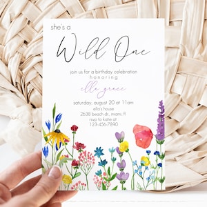 Editable Wild One Birthday Invitation template, Wildflower First Birthday Invitation, Instant Download