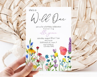 Wild One Birthday Invitation Template, Editable Floral First Birthday (Digital Download)
