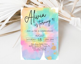 Tie Dye Birthday Invitation, Colorful Rainbow Swirl (Digital Download)