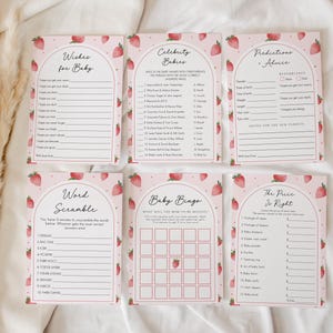 Pacchetto di giochi modificabili per baby shower con bacche, set di giochi stampabili per baby shower con fragole, giochi per baby shower con fragole rosa, BBS127
