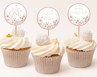 Bearbeitbare Wildblumen erster Geburtstag Cupcake Toppers, Blumen 1. Geburtstag, Blume Wild One Dekoration, Mädchen Gartenparty Geburtstag, CLP33