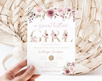 Floral Girl Baby Shower Invitation, Pink Watercolor, Editable (Digital Download)