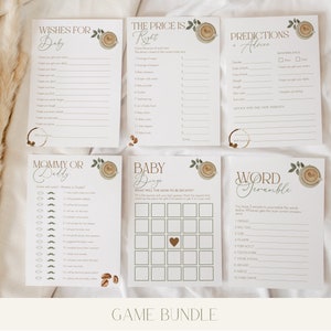 May include: A set of printable baby shower games with a coffee theme. The games include "Wishes for Baby", "The Price is Right", "Predictions & Advice", "Mommy or Daddy", "Baby Bingo", and "Word Scramble".