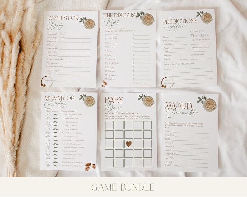 May include: A set of printable baby shower games with a coffee theme. The games include "Wishes for Baby", "The Price is Right", "Predictions & Advice", "Mommy or Daddy", "Baby Bingo", and "Word Scramble".