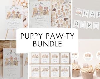 Editable Girl Dog Birthday Invitation + Decoration Bundle, Puppy Party Invite + Decor Pack, Lets Pawty Invitation, CLP201