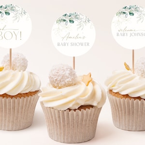Greenery + Gold Baby Shower Cupcake Toppers, Gender Neutral Baby Shower Decor, Co-Ed Baby Shower, Eucalyptus, Instant Download, CLP62