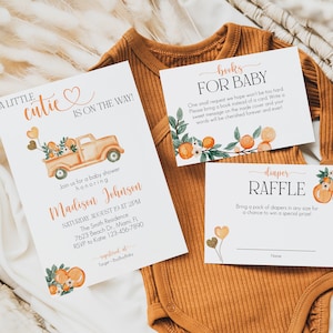 A Little Cutie Baby Shower Invitation Bundle template, Orange Gender Neutral Baby Shower Invitation, Instant Download, Editable