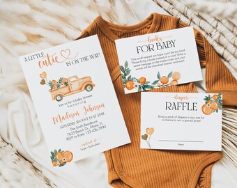 Little Cutie Baby Shower Invitation Bundle, Orange Truck (Digital Download)