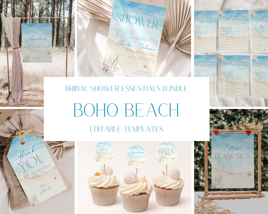 Beach Bridal Shower Invitation + Decoration Bundle, Boho Tropical Beach ...