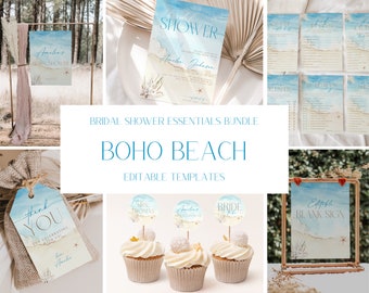 May include: A bridal shower essentials bundle with a boho beach theme. The bundle includes an invitation, thank you tags, cupcake toppers, a blank sign, and a game. The designs feature watercolor illustrations of seashells, starfish, and ocean waves in shades of blue and beige.