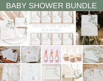 Editable Greenery Baby Shower Invitation + Decoration Bundle, Printable Eucalyptus Baby Shower Invite + Game Set, Gender Neutral Baby, BBS37